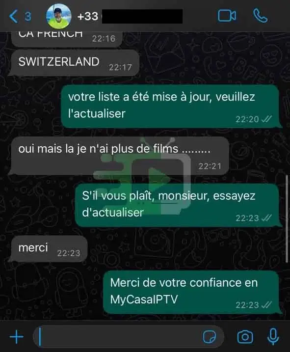 Screenshot einer Unterhaltung über eine aktualisierte IPTV-Liste auf Casa iPTV — 4