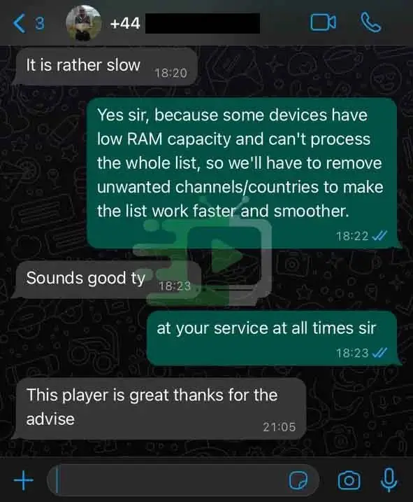 Screenshot einer Unterhaltung zur Player-Einrichtung auf Casa iPTV — 1